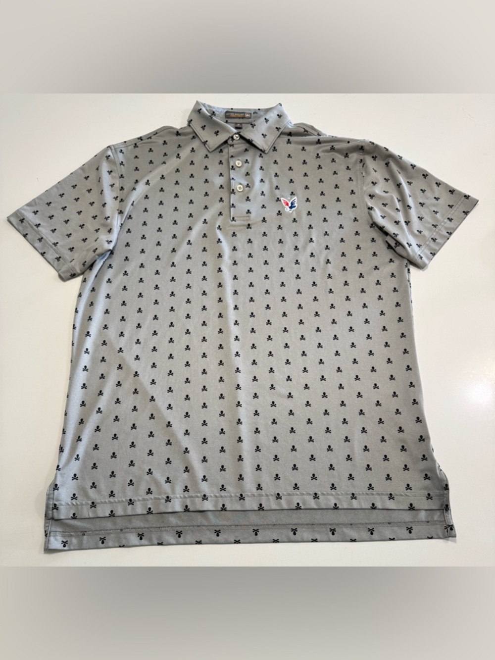 Peter Millar Summer Comfort Polo Shirt Mens L Gray Skull Crossbones Graphic